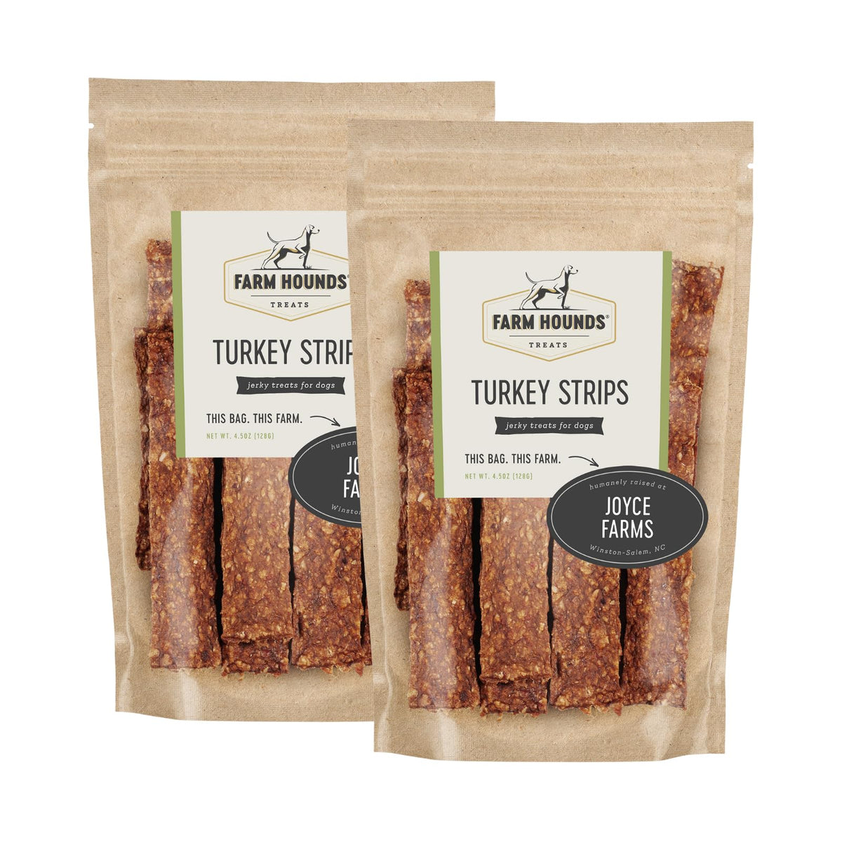Farm Hounds Turkey Strips packaging shows two 4.5 oz bags for easy treats