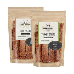 Farm Hounds Turkey Strips packaging shows two 4.5 oz bags for easy treats