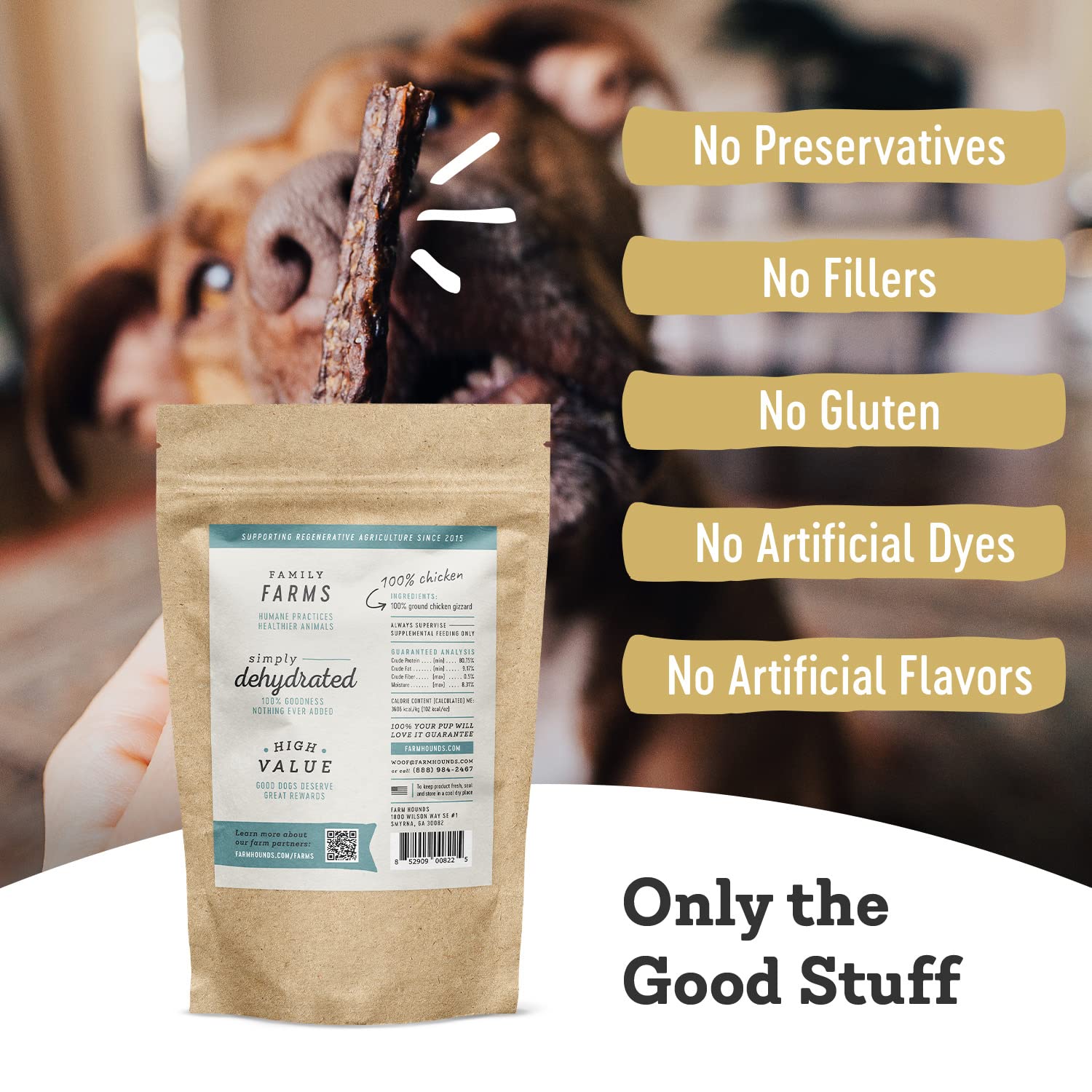 Farm Hounds USA-made batch label highlights domestic sourcing and trust.