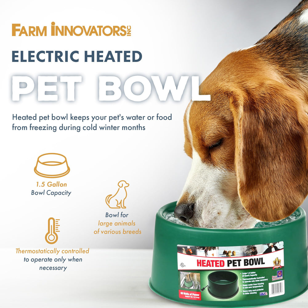 Farm Innovators 1-5 gallon capacity bowl keeps multiple pets hydrated during winter.