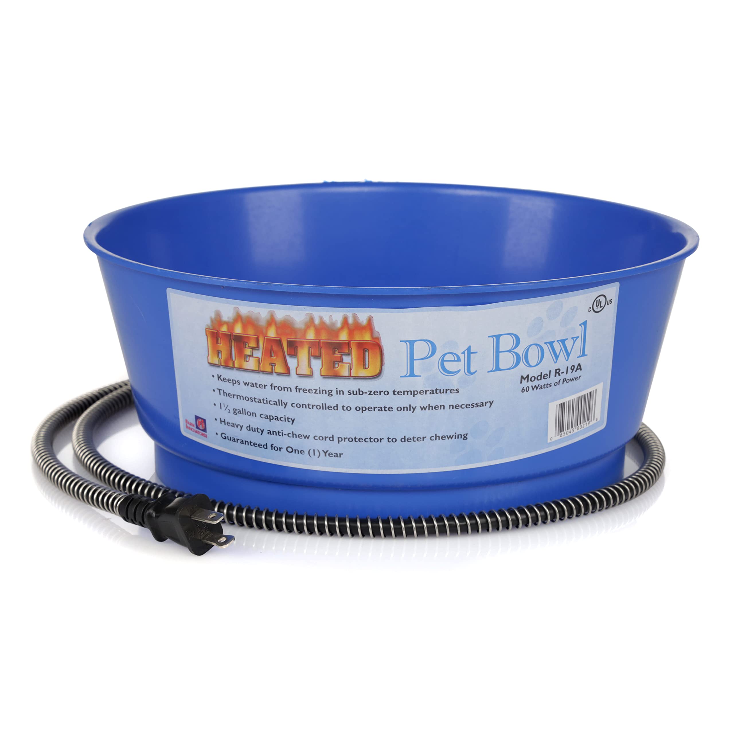 Farm Innovators R-19 blue heated bowl keeps outdoor water unfrozen for pets