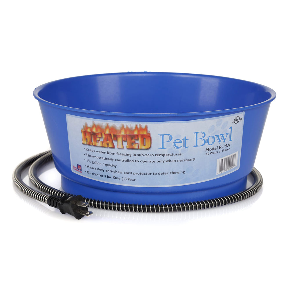 Farm Innovators R-19 blue heated bowl keeps outdoor water unfrozen for pets