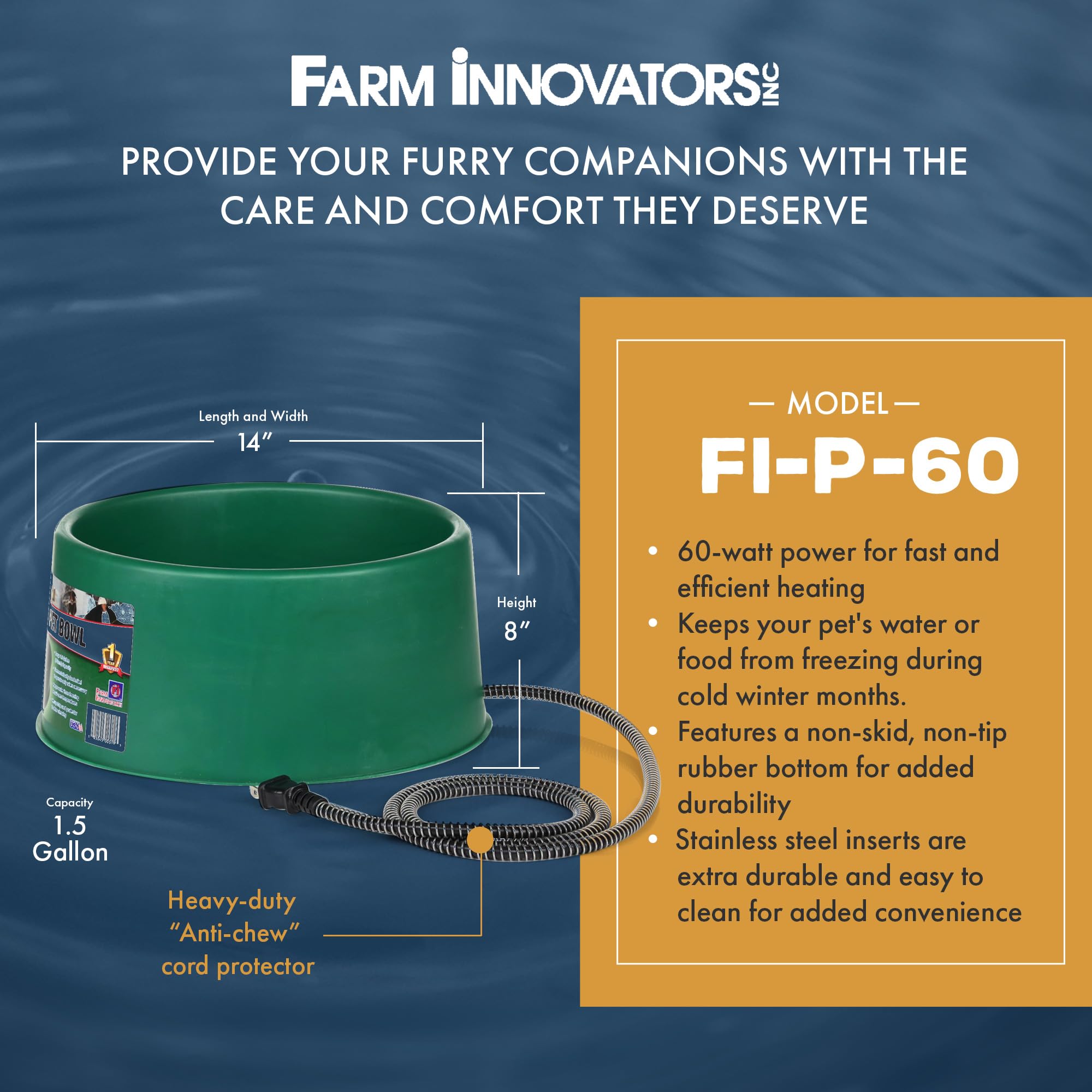 Farm Innovators thermostat-controlled heater maintains unfrozen water as temperatures drop.