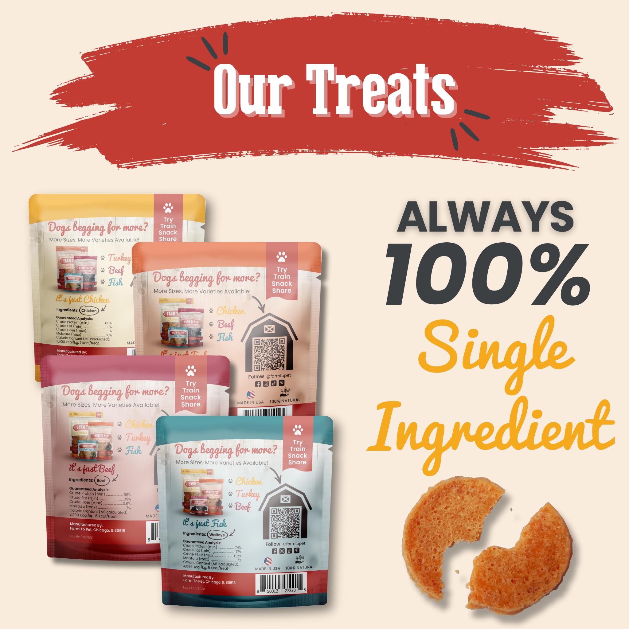 Farm To Pet 24-pack label close-up highlighting single-ingredient chicken treats.