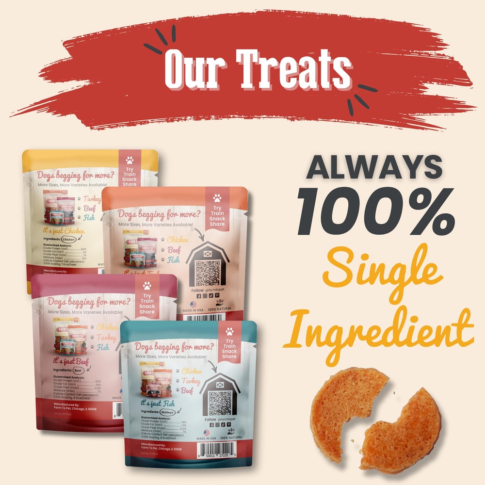 Farm To Pet 24-pack label close-up highlighting single-ingredient chicken treats.