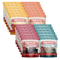 Farm To Pet sampler-pack-front-view shows 24 all-natural treats for training rewards.