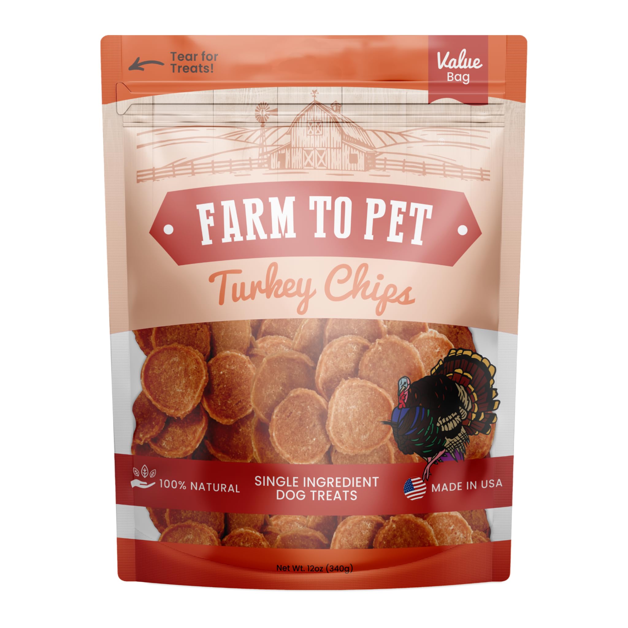 Farm To Pet turkey chips 12oz packaging shows single-ingredient treats for training