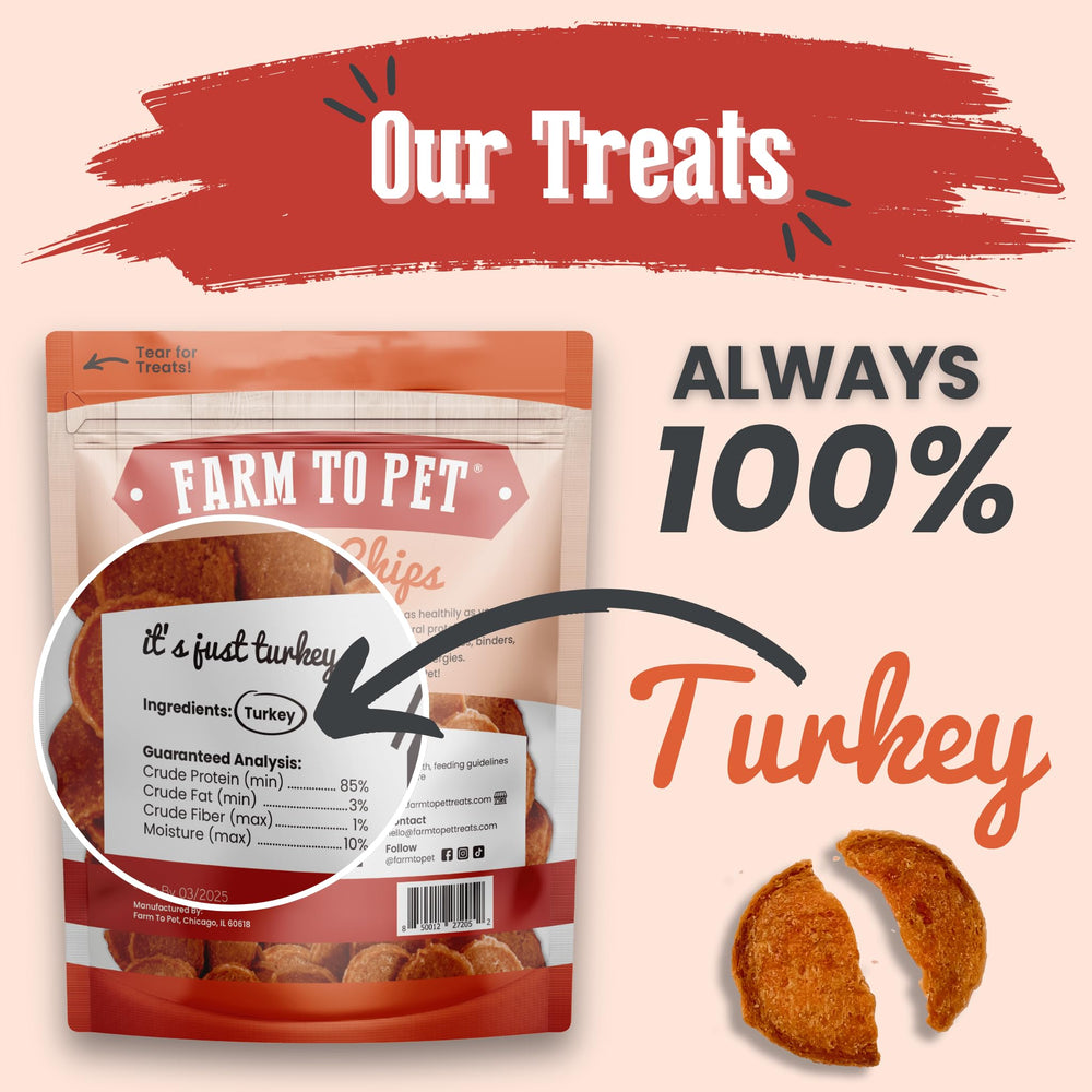 Farm To Pet turkey chips closeup texture highlighting crunchy easy-to-digest bites