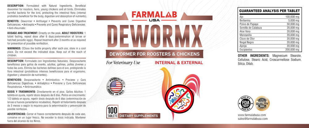Farmalab Natural Dewormer addresses internal and external needs in poultry.