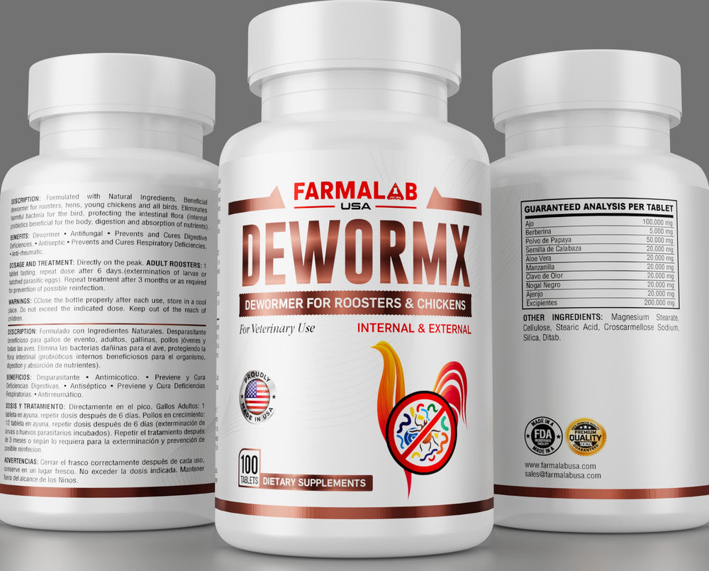 Farmalab Natural Dewormer label info highlights poultry usage and guidelines.