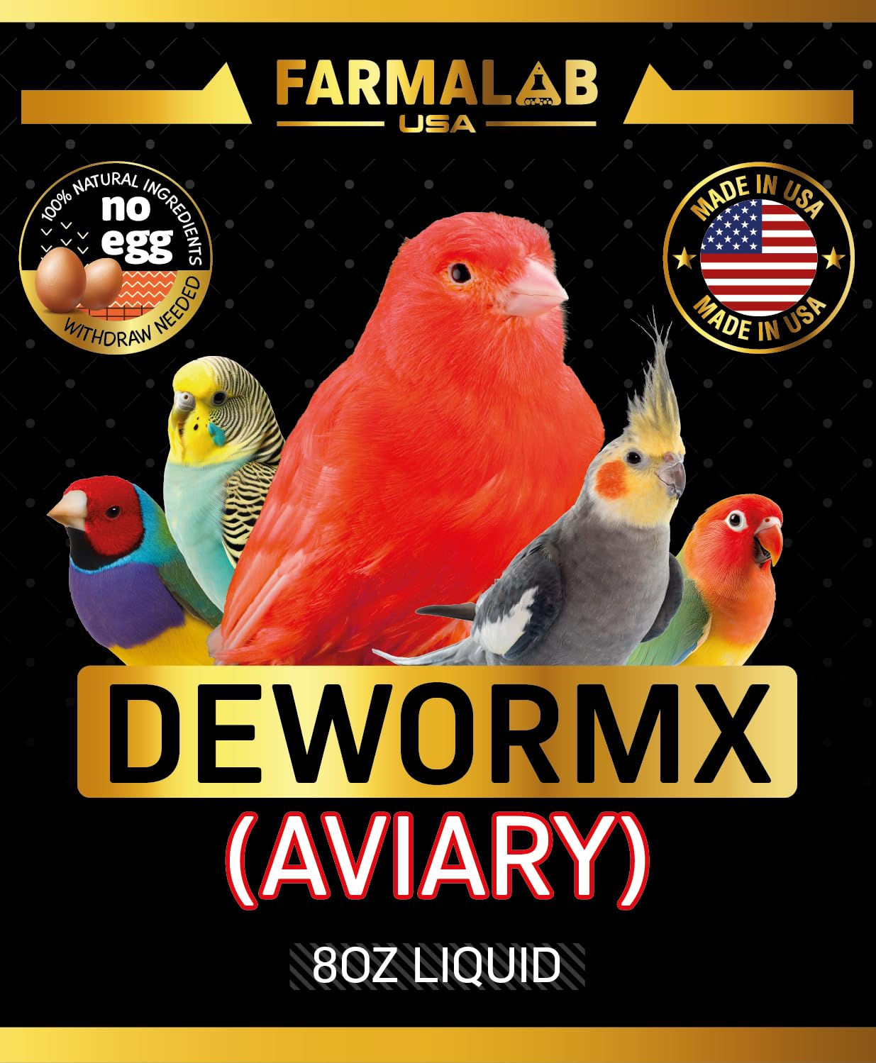 Farmalab Natural Dewormer bottle-label highlights an easy to use supplement for birds.