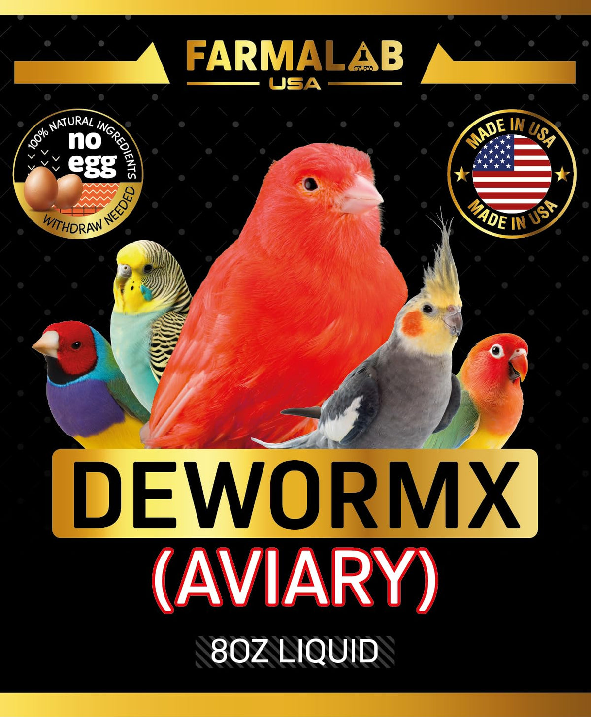 Farmalab Natural Dewormer bottle-label highlights an easy to use supplement for birds.