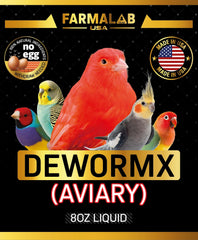 Farmalab Natural Dewormer bottle-label highlights an easy to use supplement for birds.