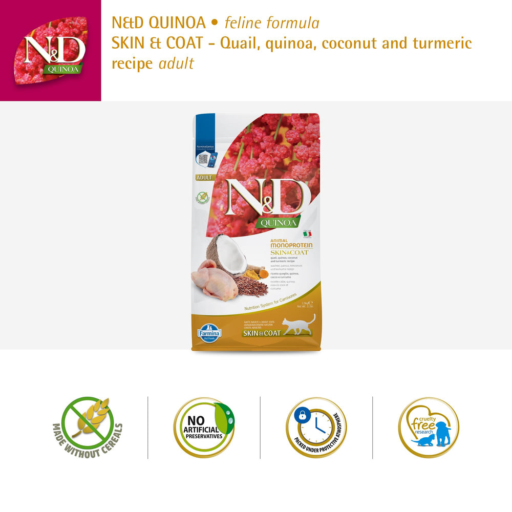 Cat enjoying Farmina Skin & Coat Quail kibble during a meal