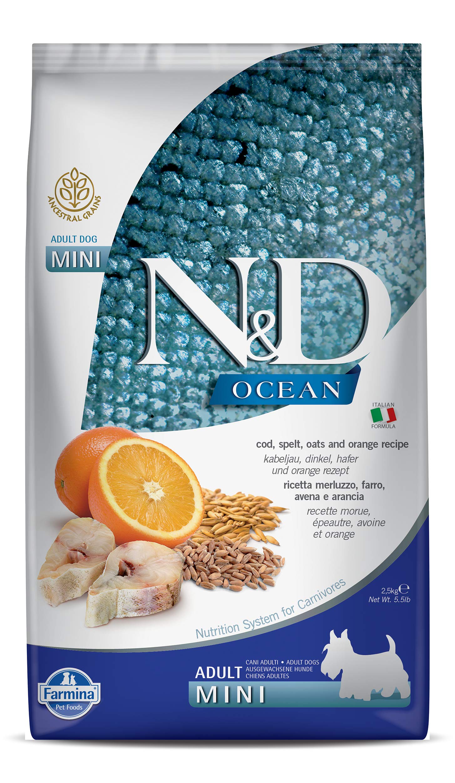 Farmina Cod Spelt Oats Orange Adult Mini kibble closeup with protein-rich nutrition