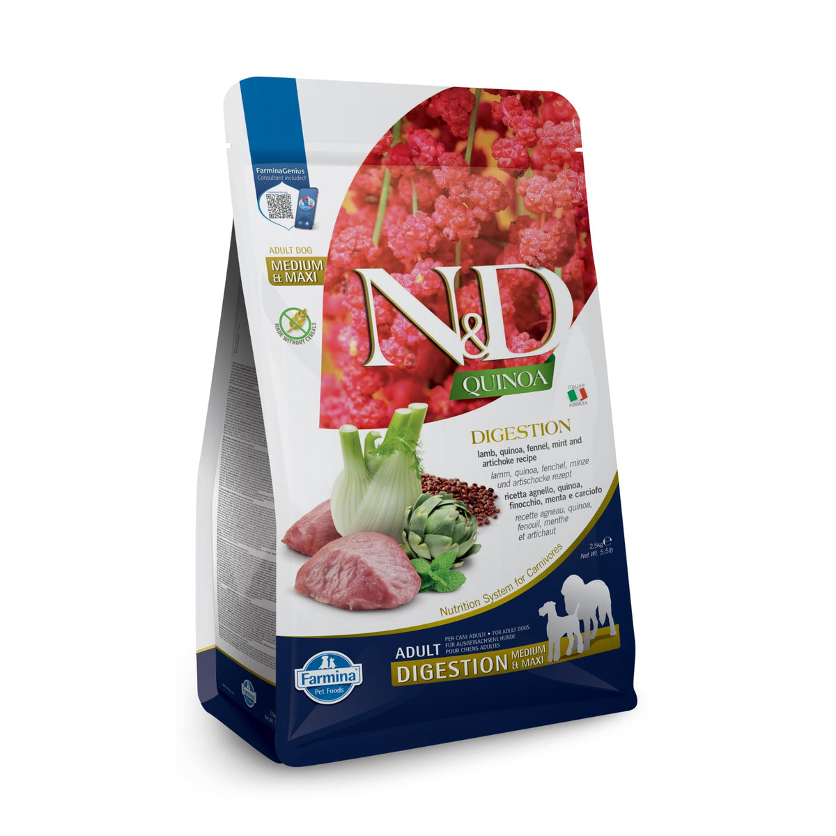 Farmina Digestion Lamb bag close-up shows wholesome ingredients for healthy adult dogs