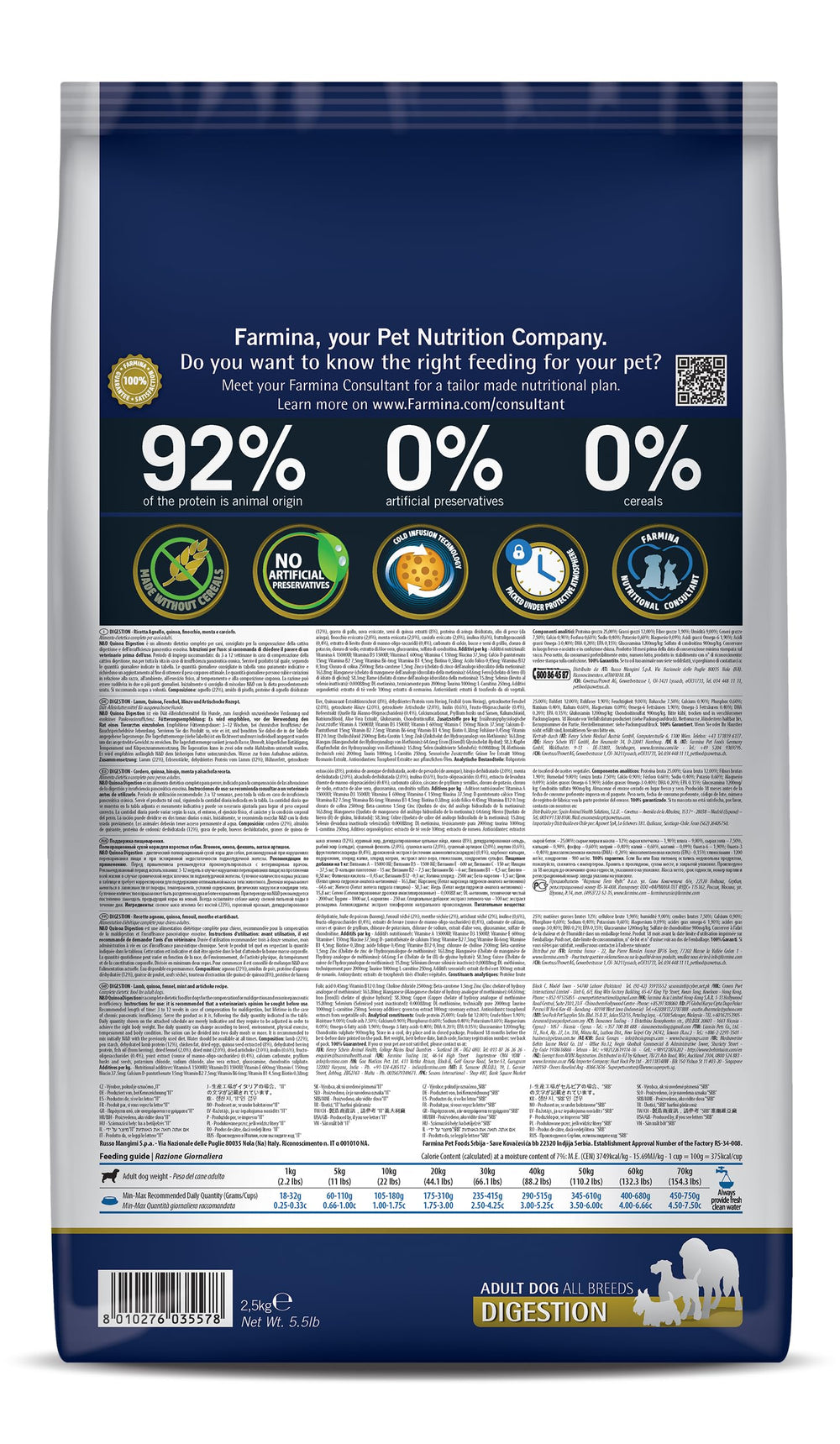 Farmina Digestion Lamb kibble close-up highlights quinoa and fennel for digestive-friendly meals