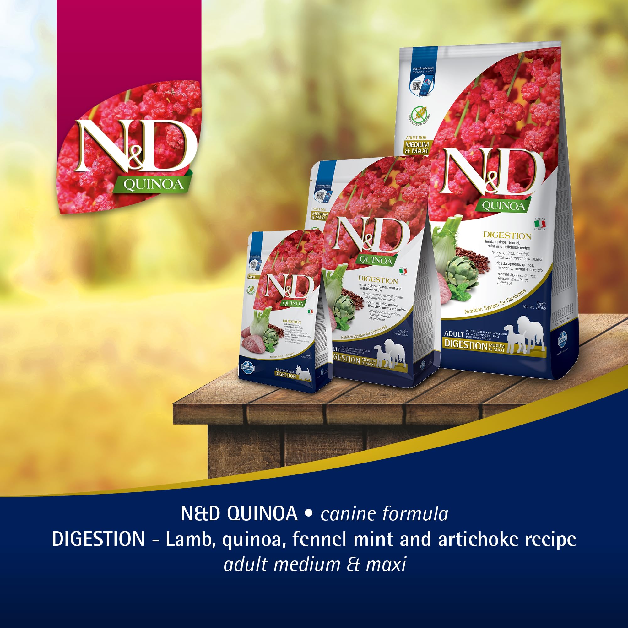 Farmina Digestion Lamb nutritional panel highlights protein, fat, and omega fatty acids