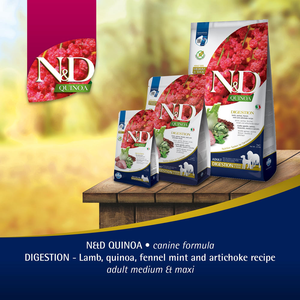 Farmina Digestion Lamb nutritional panel highlights protein, fat, and omega fatty acids