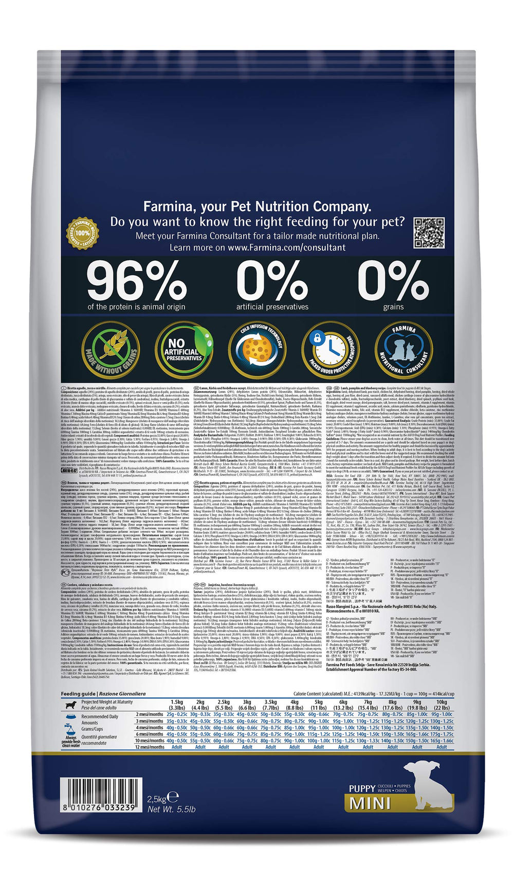 Farmina mini puppy kibble in a bowl showing savory lamb and pumpkin-blueberry flavor.