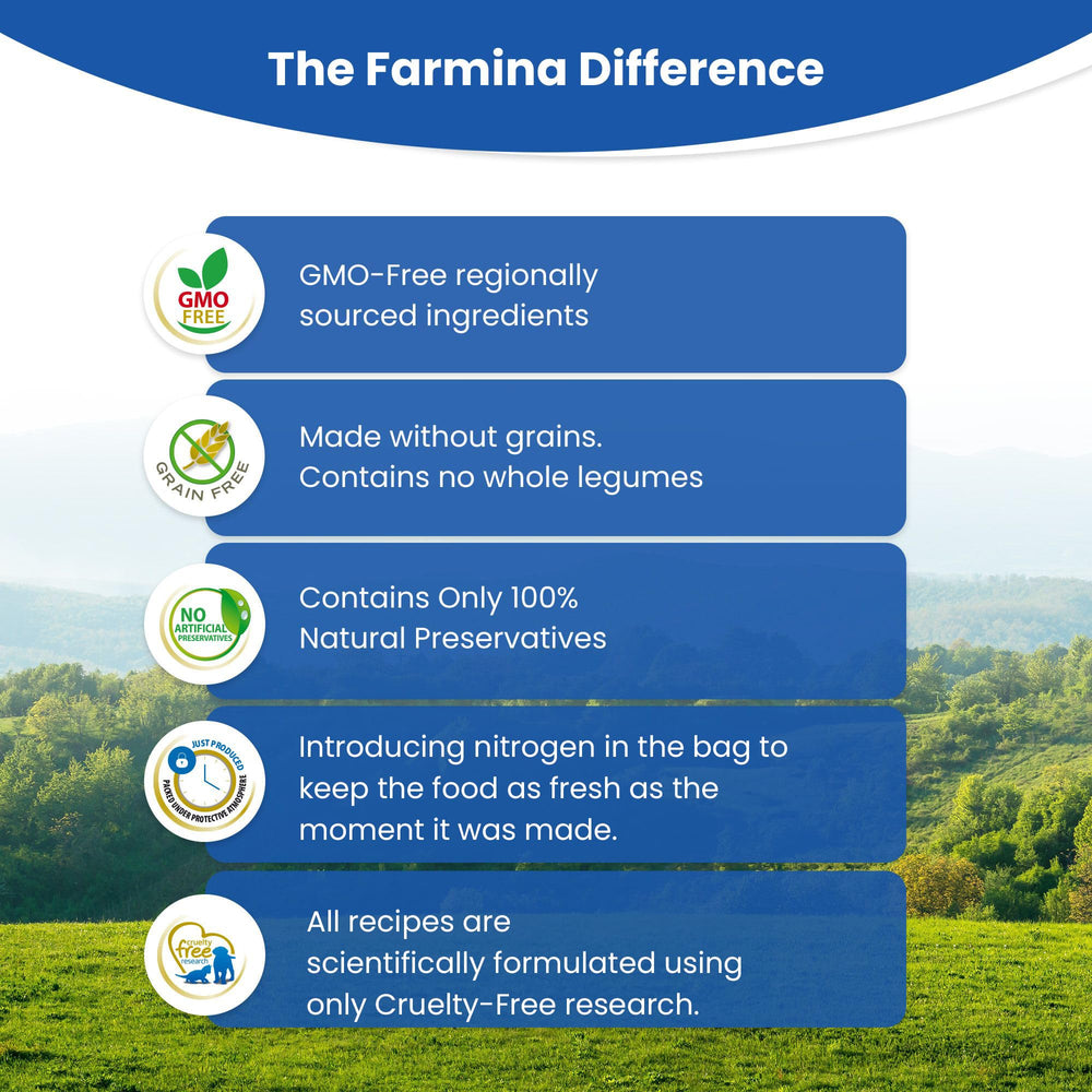 Farmina grain-free formula with gluten-free ingredients for sensitive tummies.