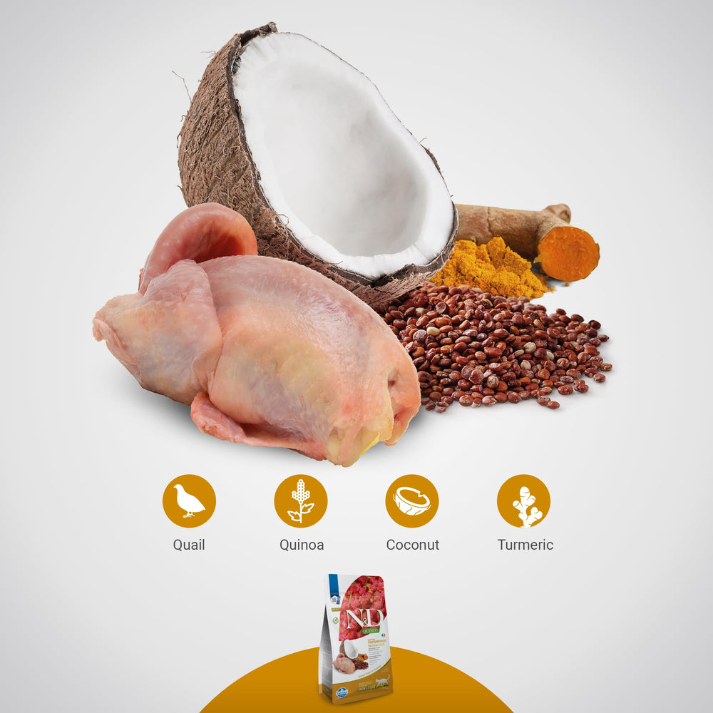 Quail, coconut, and turmeric ingredients visible in Farmina cat food