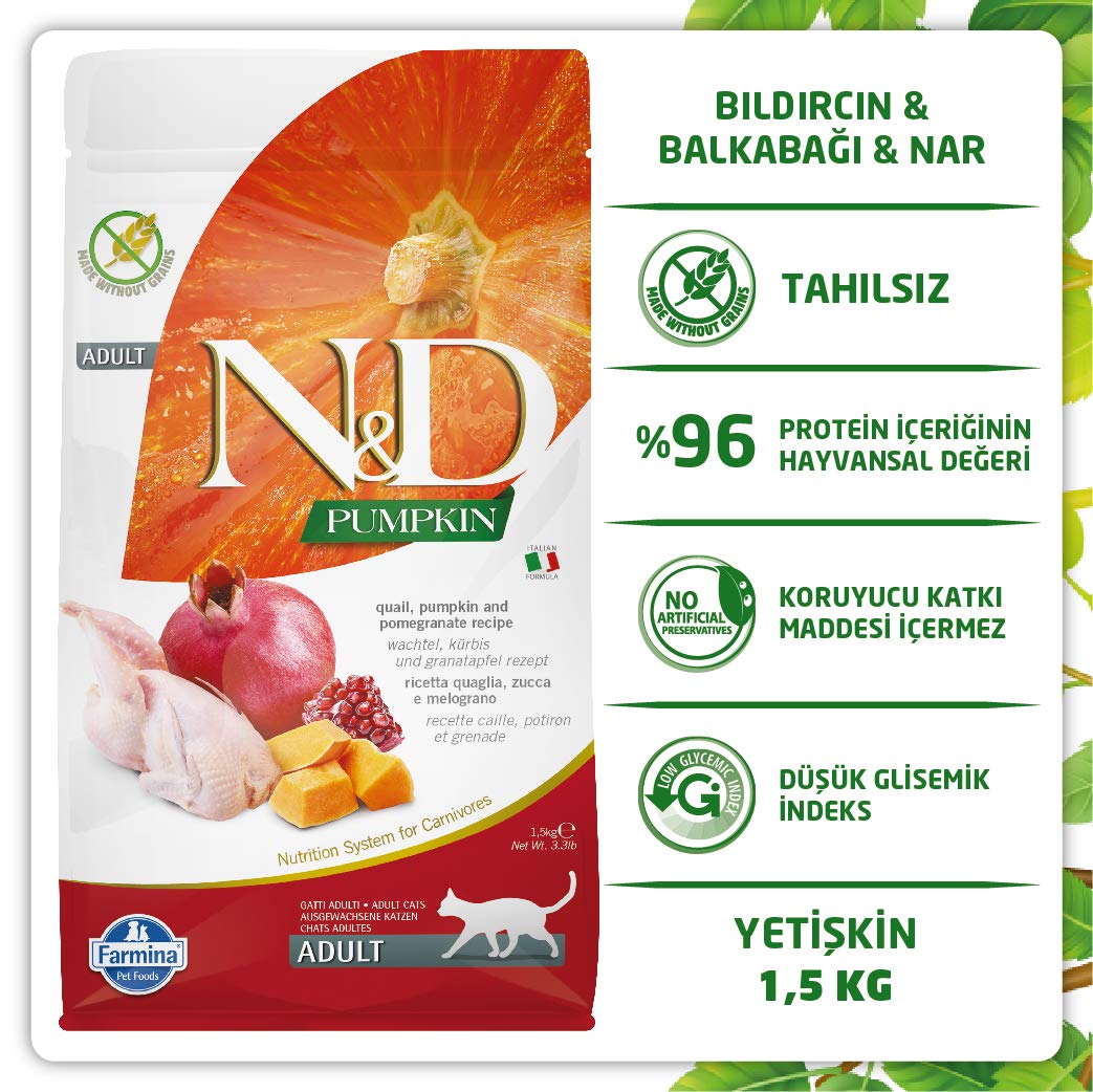 Farmina N&D adult-cat dry food bag opened, grain-free formula for sensitive cats.