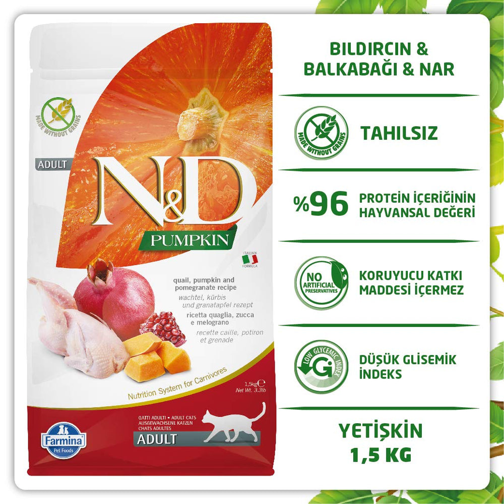 Farmina N&D adult-cat dry food bag opened, grain-free formula for sensitive cats.