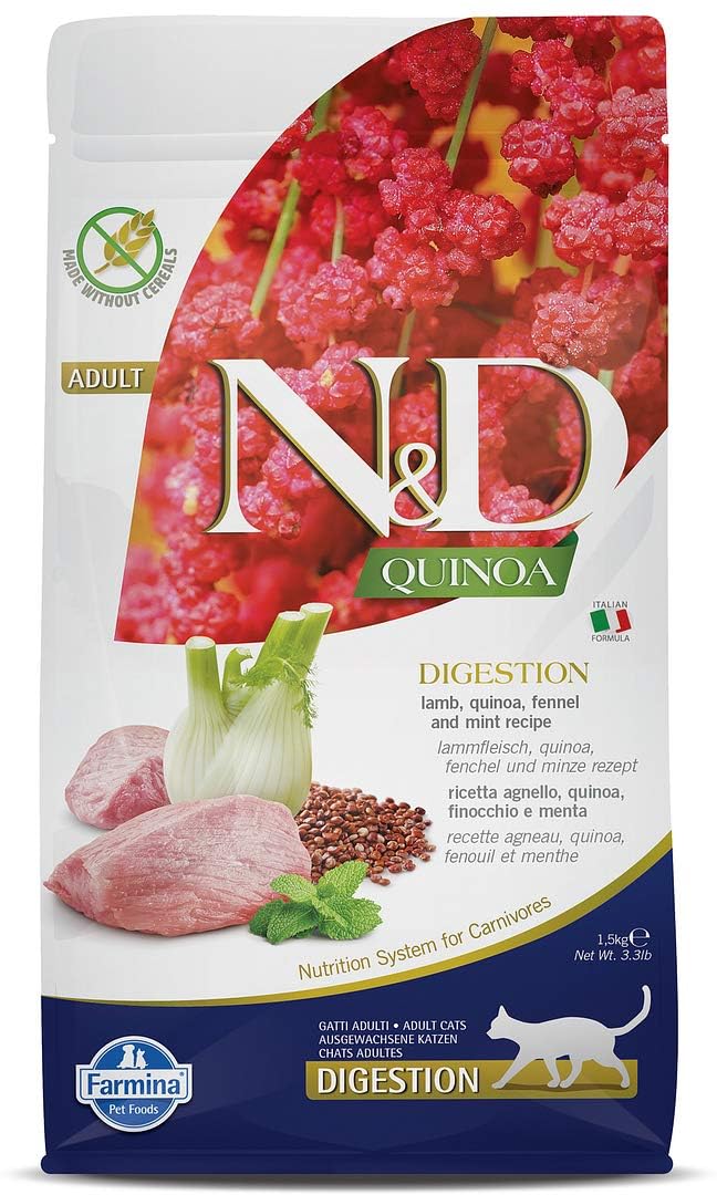 Farmina N&D digestion lamb-quinoa kibble bag promotes gentle digestion.