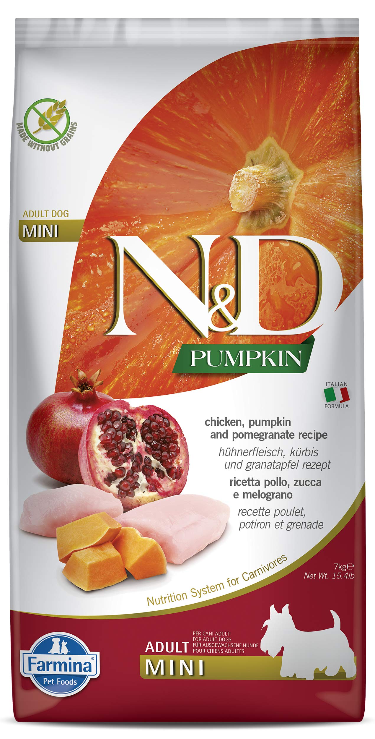 Farmina N&D bag front view shows grain-free pumpkin mini chicken pomegranate formula for maintenance