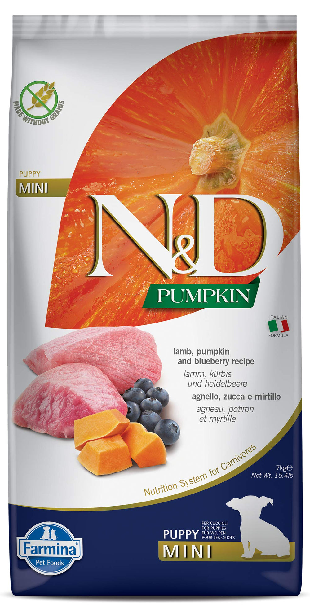 Farmina N&D puppy grain-free pumpkin mini lamb blueberry bag front for puppy growth and energy.