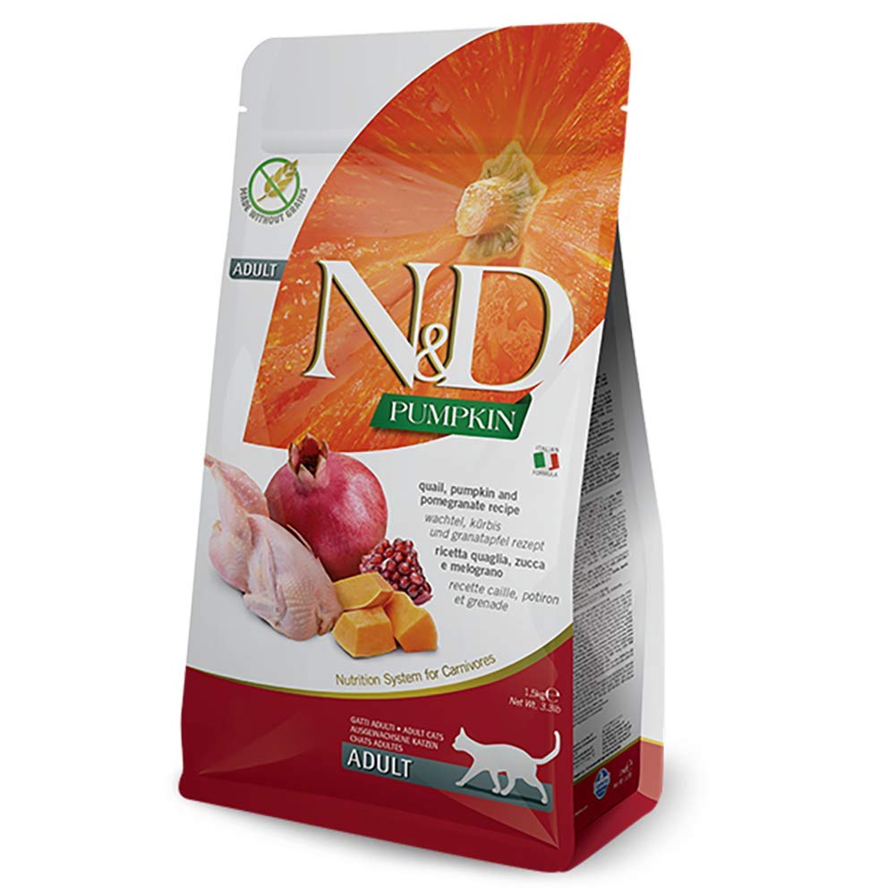 Farmina N&D quail-pumpkin ingredient closeup, antioxidant-rich fruits and vegetables.
