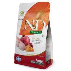Farmina N&D quail-pumpkin kibble bowl, protein-rich daily meal for adult cats.