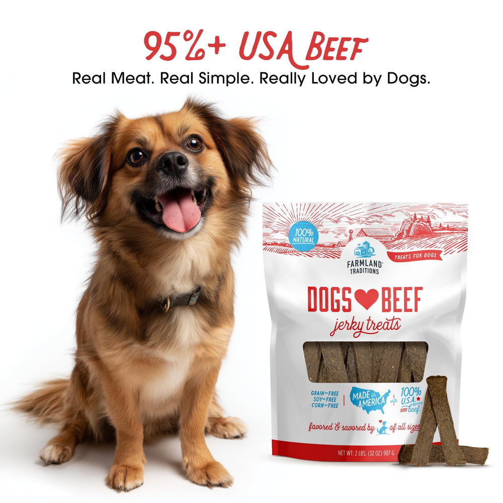 Farmland Traditions beef jerky closeup shows tender, air-dried texture ideal for rewards