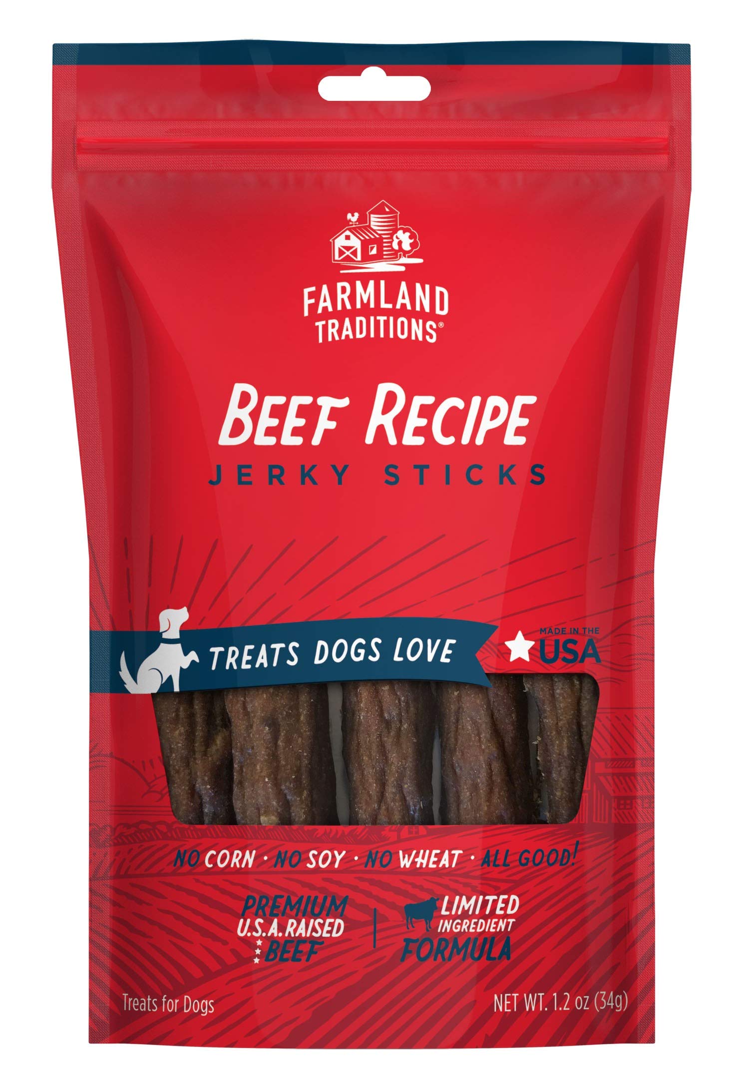 Farmland Traditions beef-jerky-dog-treats bag showing high-protein reward for training sessions.