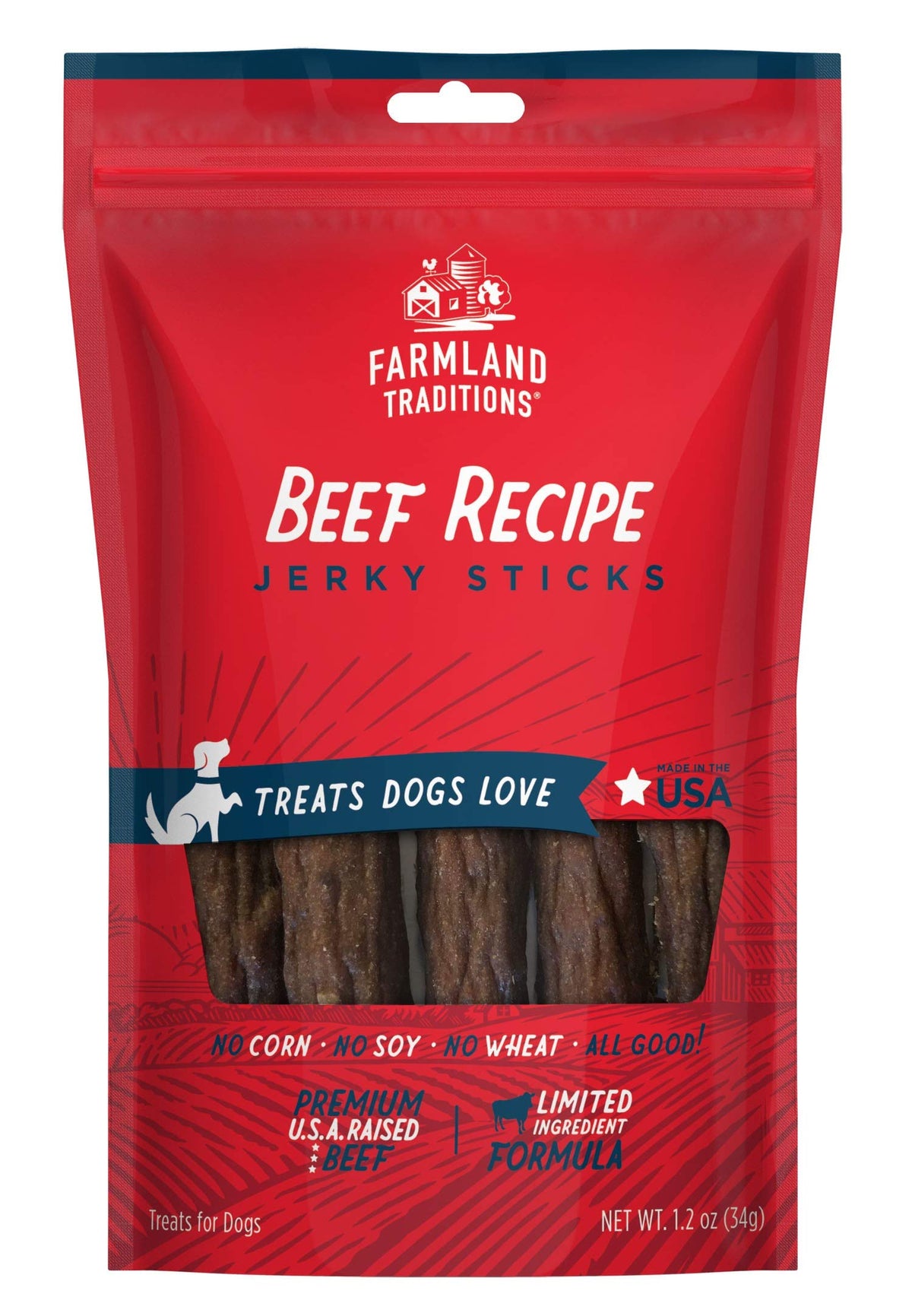 Farmland Traditions beef-jerky-dog-treats bag showing high-protein reward for training sessions.