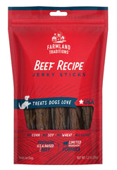 Farmland Traditions beef-jerky-dog-treats bag showing high-protein reward for training sessions.