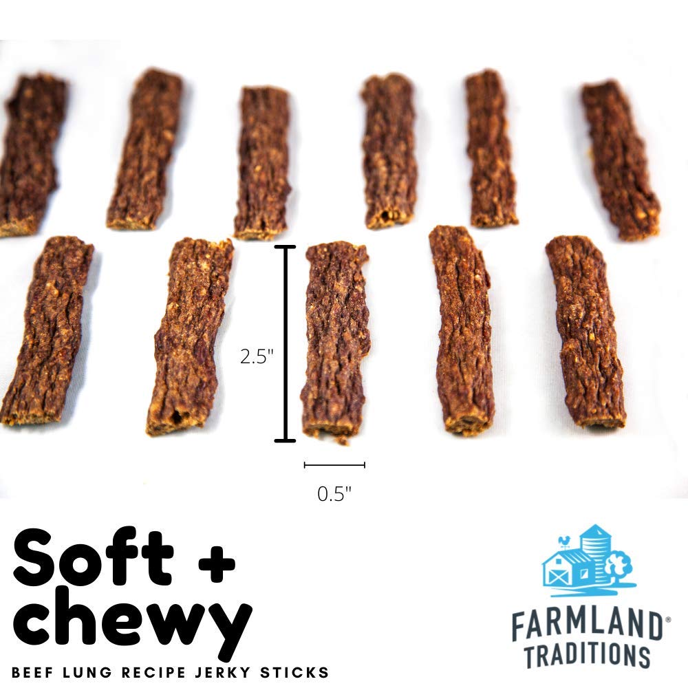 Farmland Traditions Beef Lung Jerky training-treats image highlights easy-to-break pieces for training.