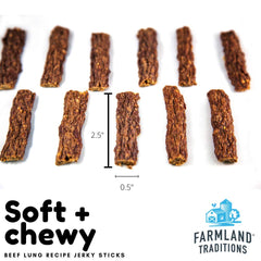 Farmland Traditions Beef Lung Jerky training-treats image highlights easy-to-break pieces for training.