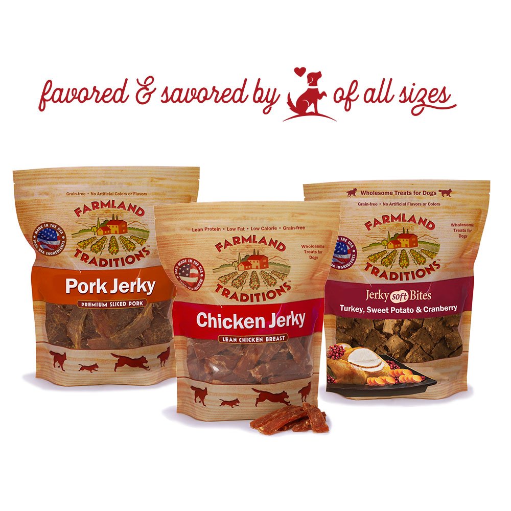 Farmland Traditions bulk-2lb-jerky image suggests value and long-lasting snacking for dogs.
