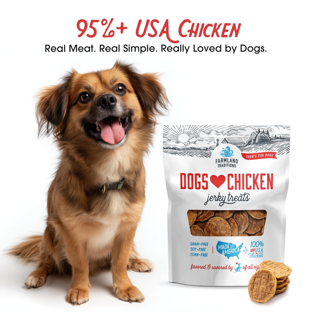 Farmland Traditions chicken jerky ingredients close-up shows simple 3-ingredient formula.