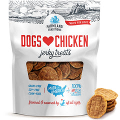 Farmland Traditions chicken-jerky-ingredients highlight USA-sourced protein for dogs as a wholesome snack