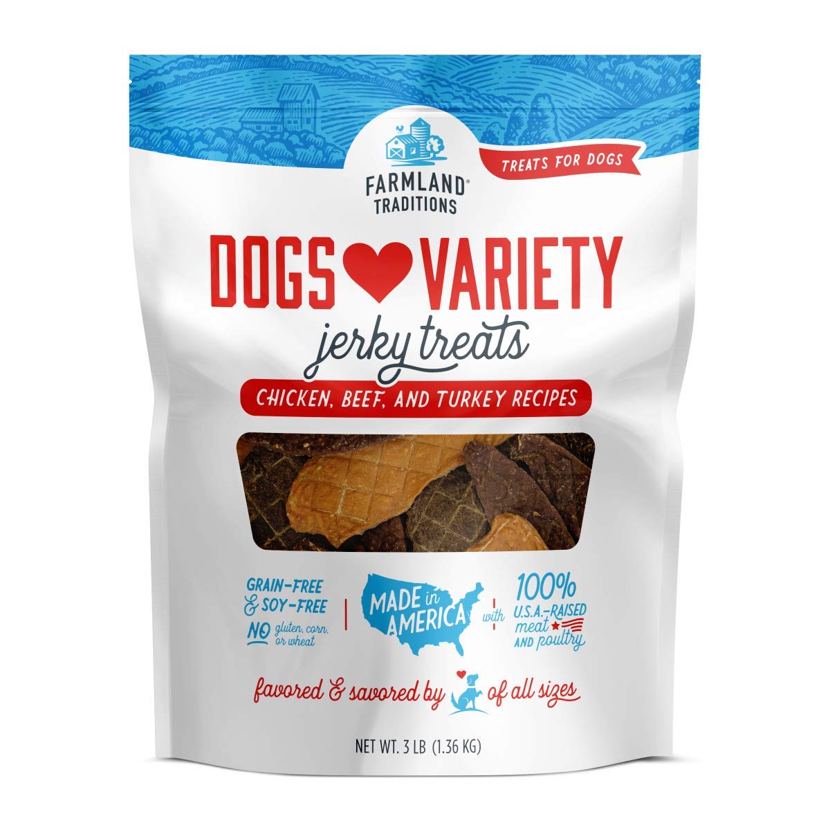 Farmland Traditions dog jerky variety pack bag ideal training rewards