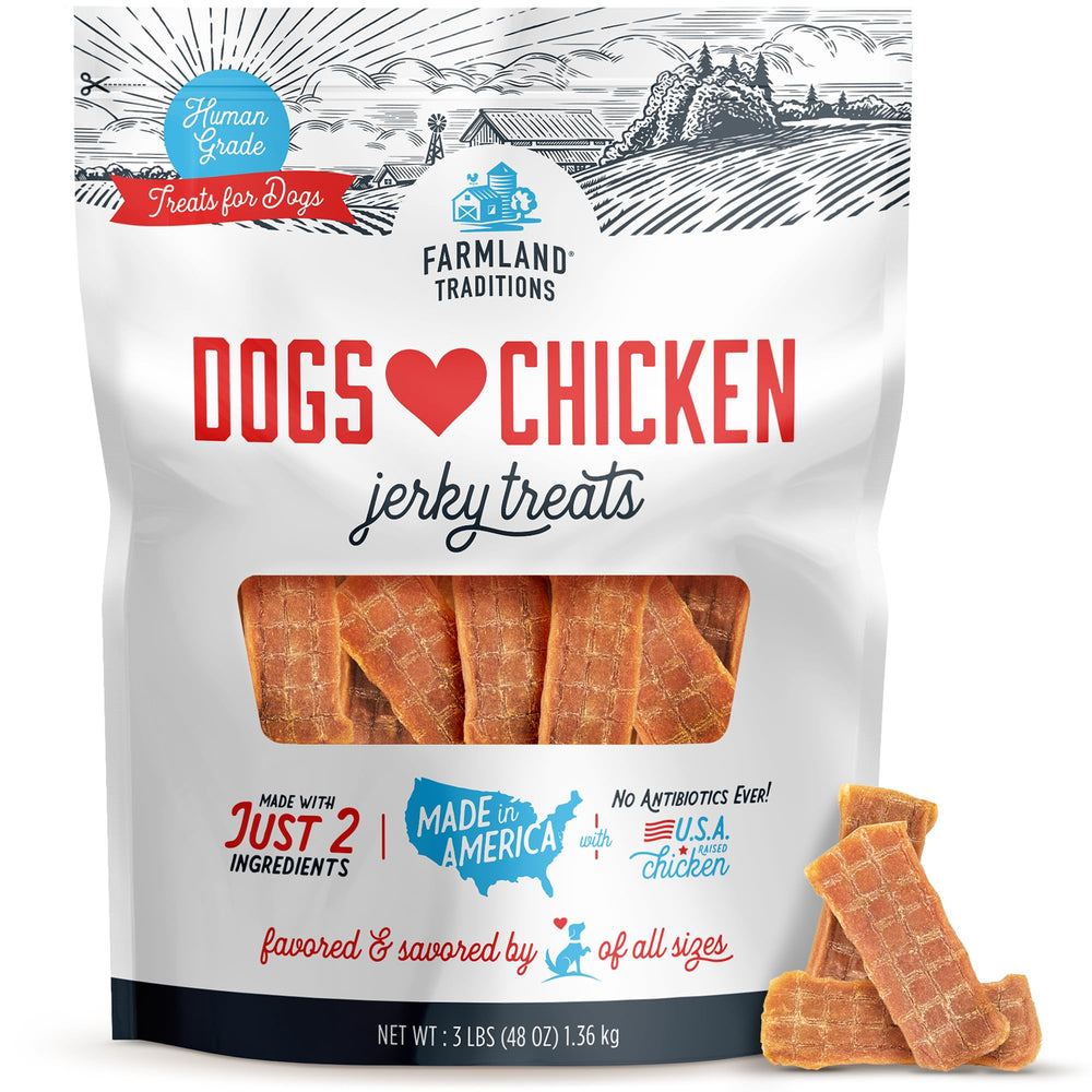 Farmland Traditions dogs love chicken jerky bag shows a protein-rich training reward