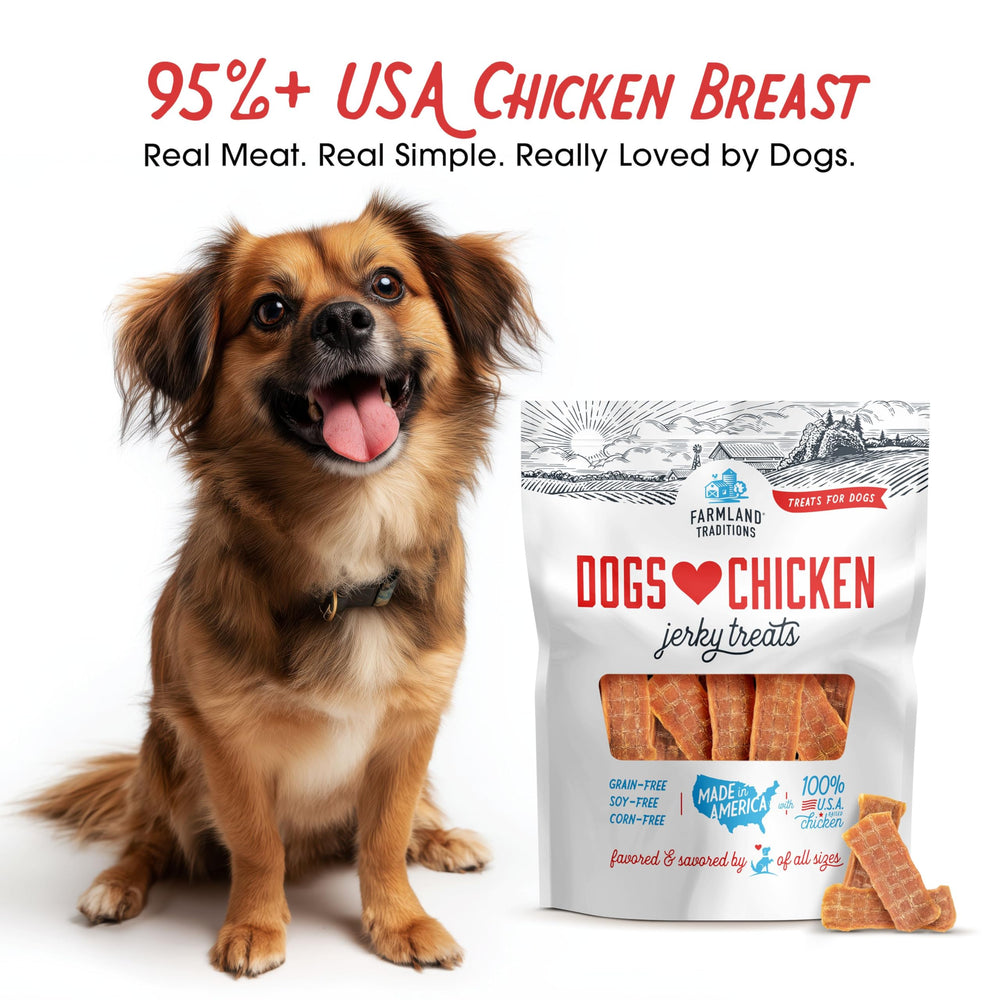 Farmland Traditions Dogs Love Chicken Jerky label close-up, grain-free and filler-free recipe.