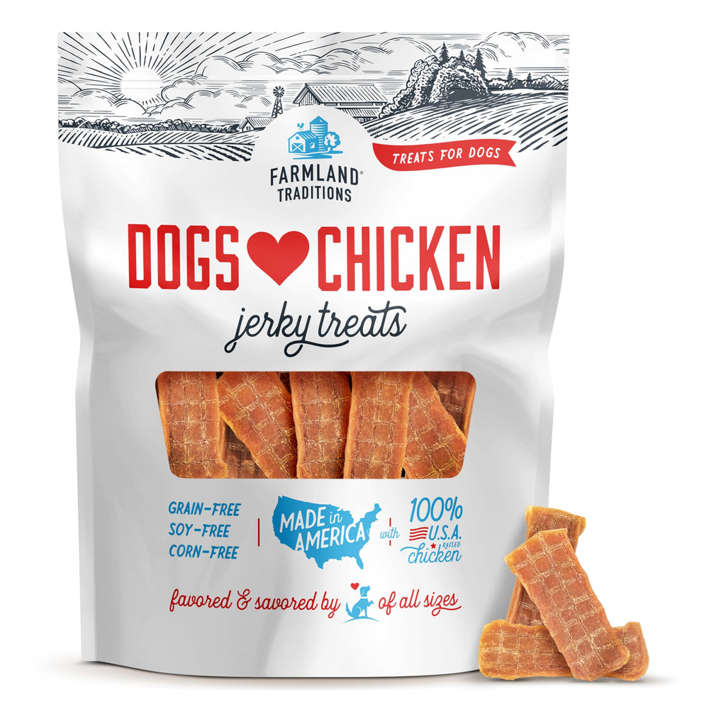 Farmland Traditions Dogs Love Chicken Jerky package front, premium limited-ingredient treat for dogs.