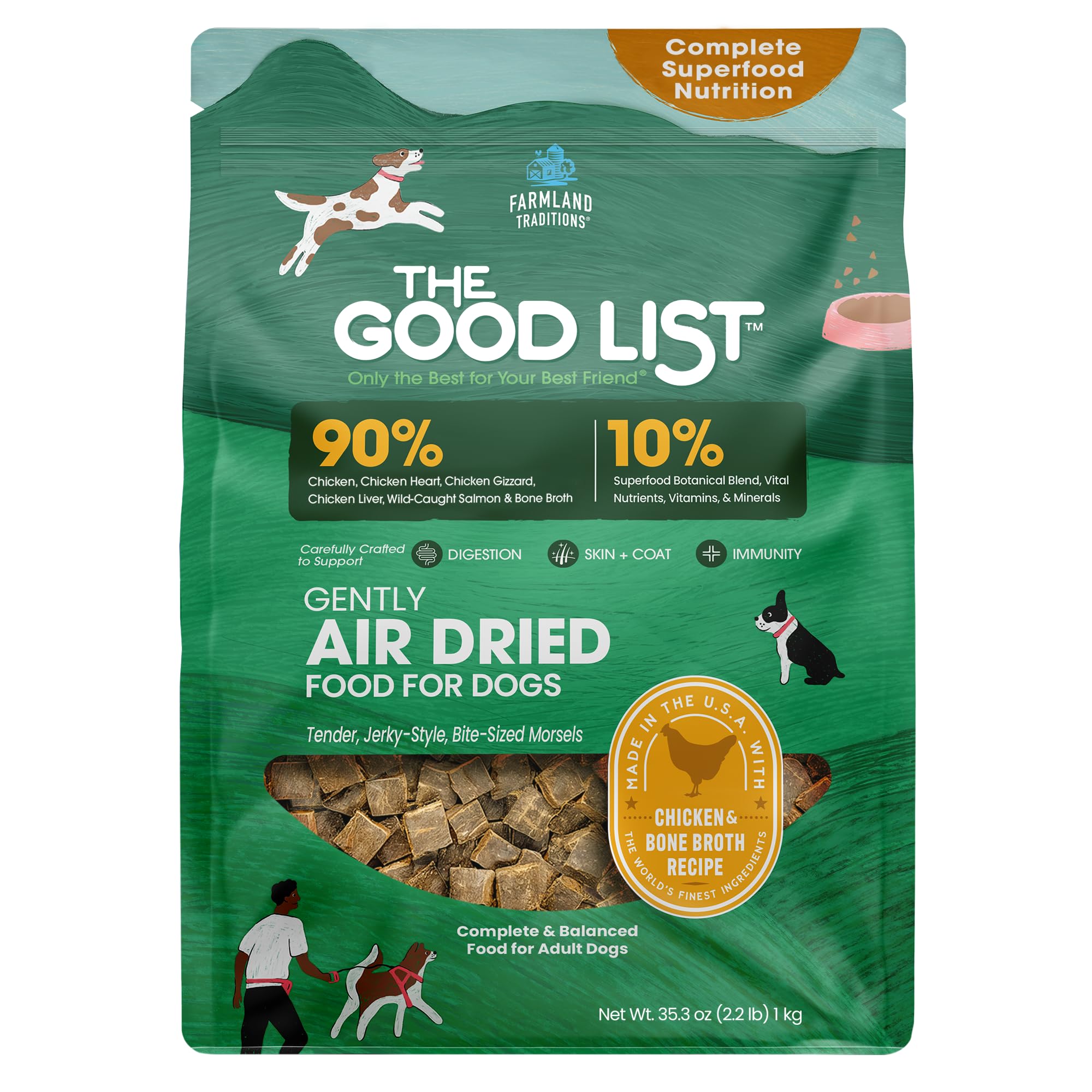 Farmland Traditions The Good List dog food bag closeup highlighting premium protein formula