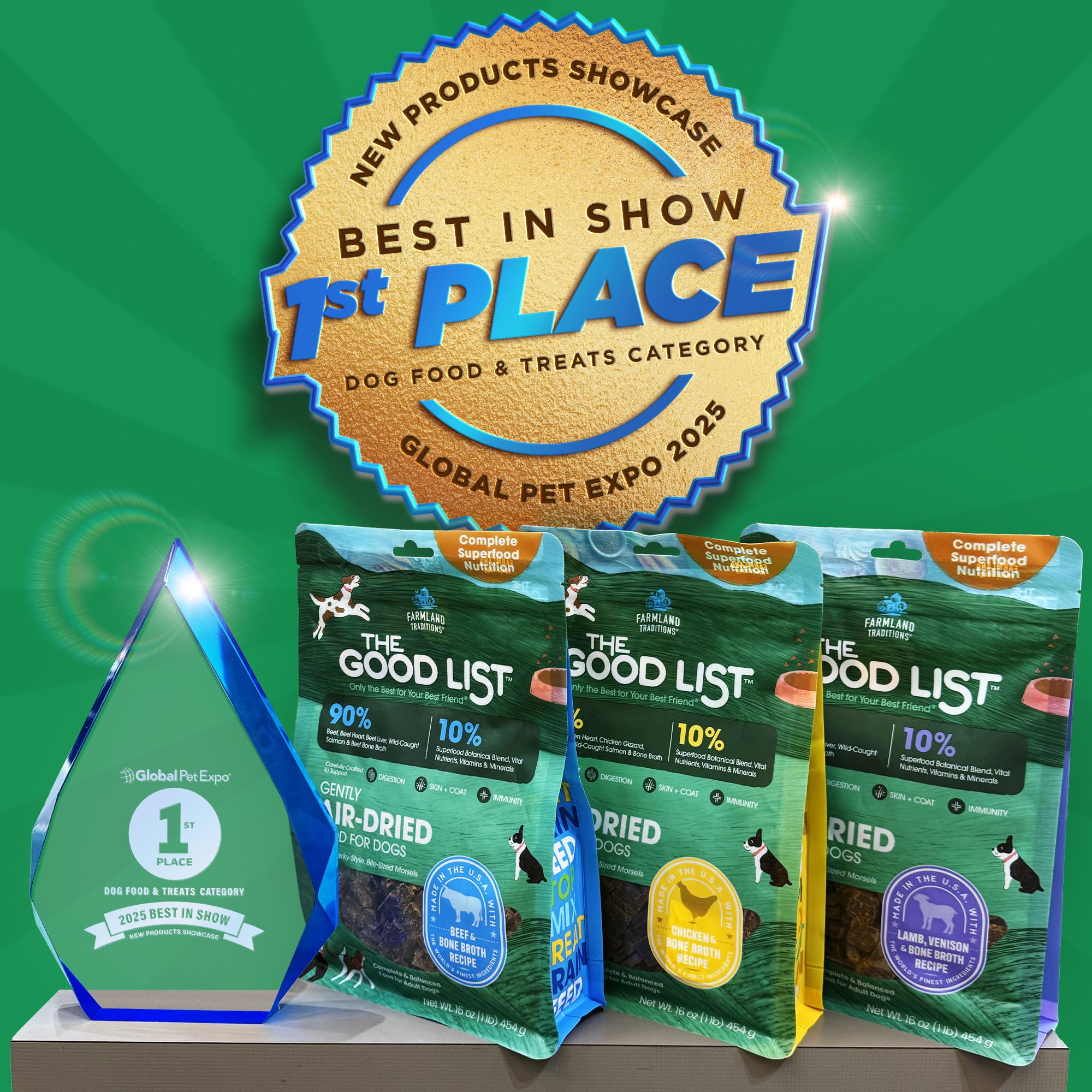 Farmland Traditions The Good List grain-free formula icons show allergen-friendly nutrition