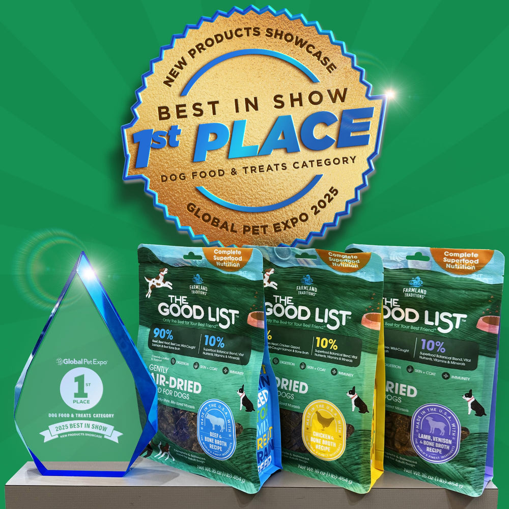 Farmland Traditions The Good List grain-free formula icons show allergen-friendly nutrition