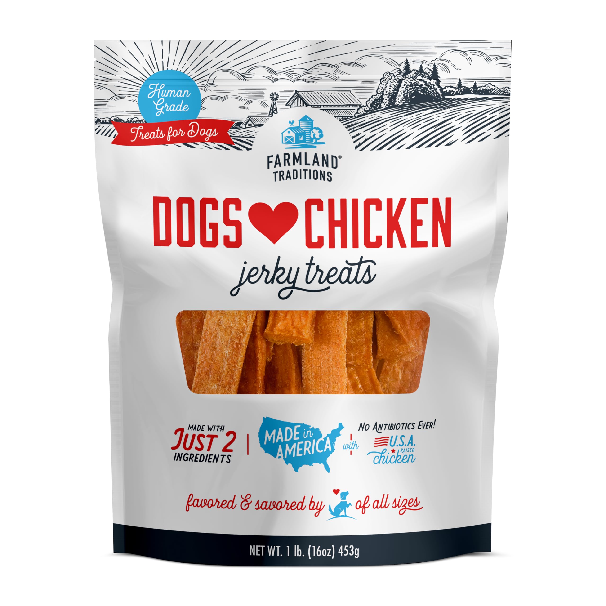 Farmland Traditions packaging featuring chicken jerky for dogs, ideal for training rewards.